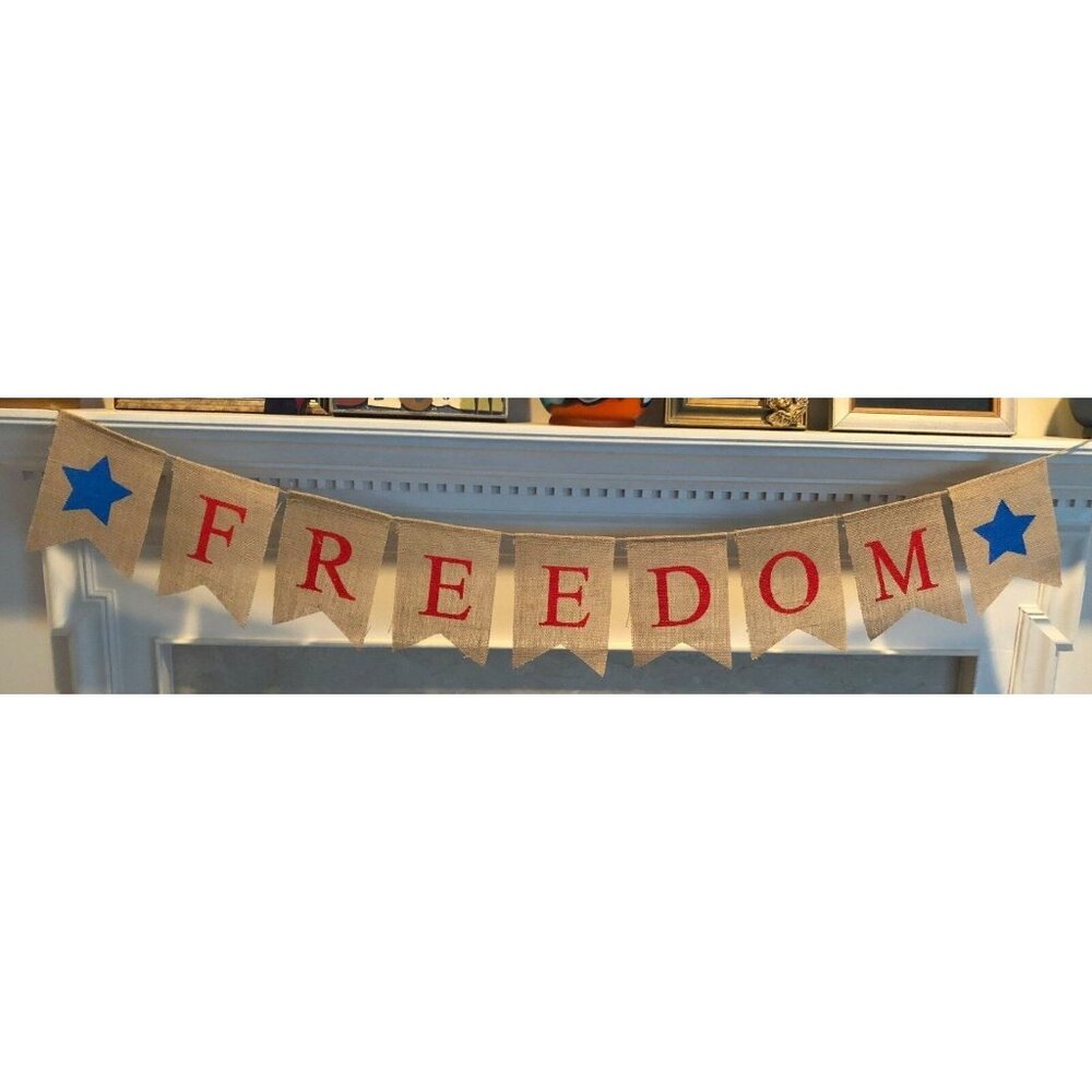 FREEDOM Burlap Garland Banner - Memorial Patriotic 4th of July Veterans Military